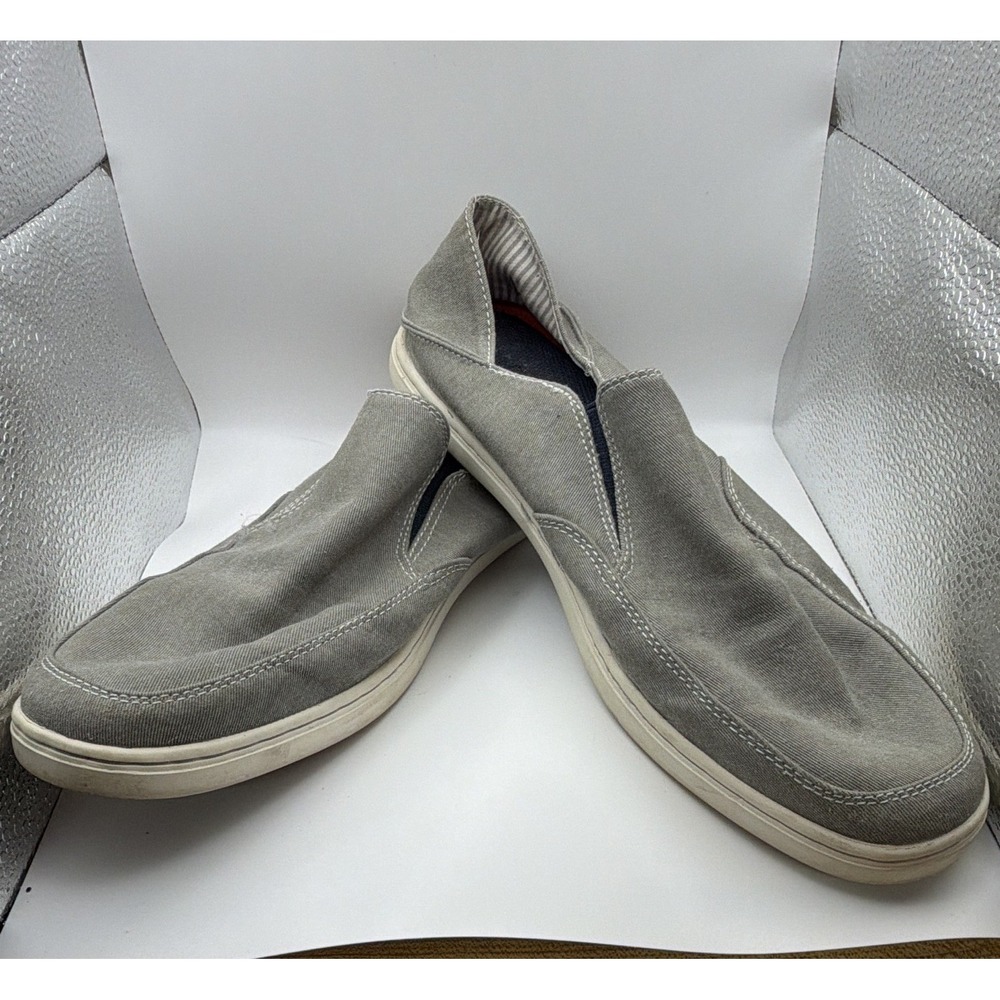 Tommy Hilfiger Men's 10.5 Gray Canvas Slip-On Shoes Round Toe Logo Rubber 'USED'